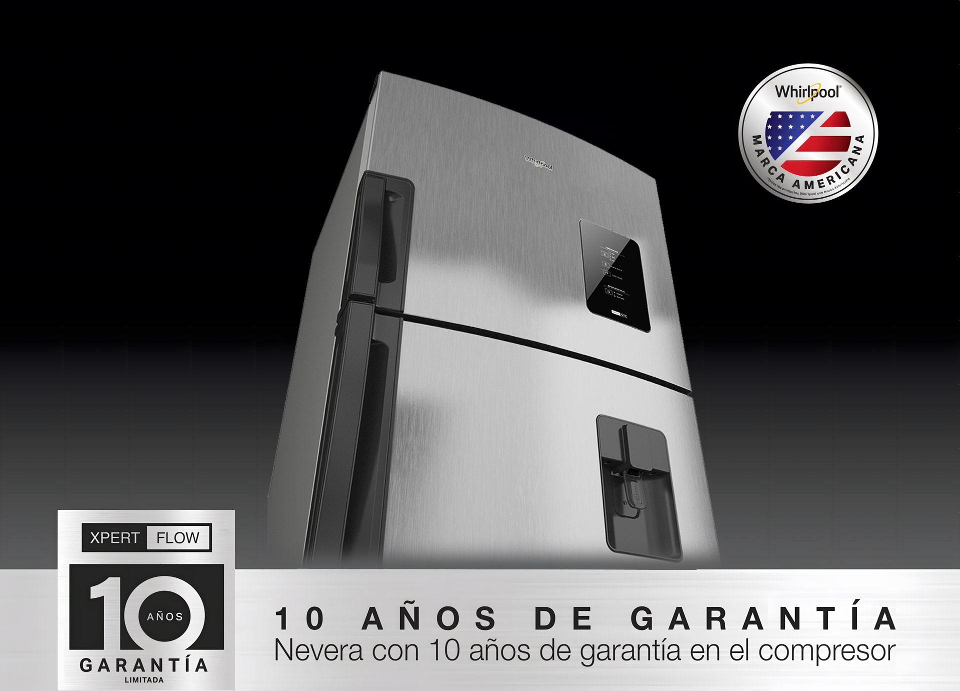 Nevecón 4 puertas Whirlpool con espacios adaptable y anaqueles convertibles de refrigerador a congelador.